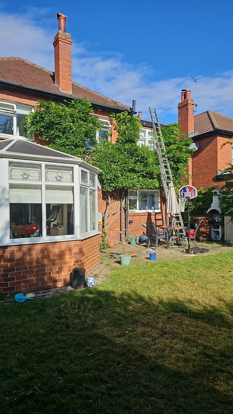 Chimney stacks and roof access ladder viewed from the garden
